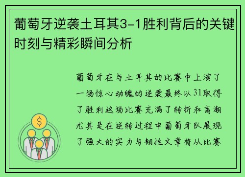 葡萄牙逆袭土耳其3-1胜利背后的关键时刻与精彩瞬间分析